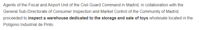 Cross border e-commerce logistics Spain seized more than 145000 counterfeit or dangerous toys, mostly from Asia