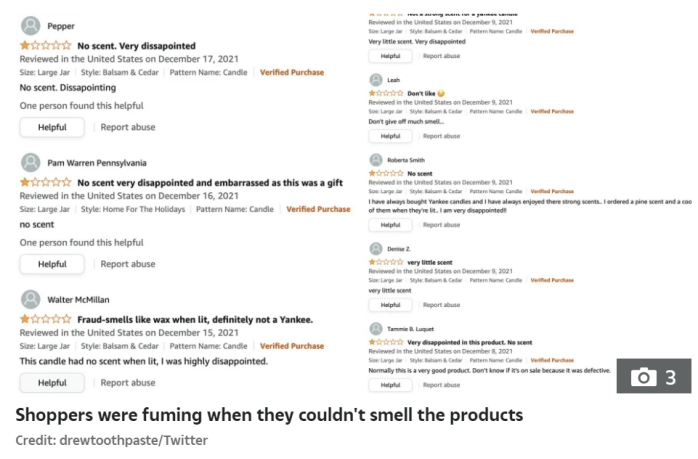 Amazon, a cross-border e-commerce platform, received a large number of bad comments on an aromatherapy candle, because it had no fragrance