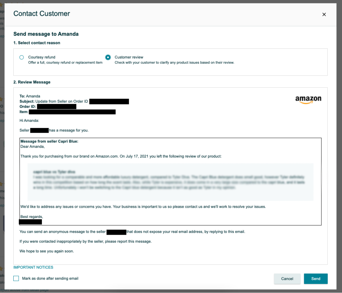 How can I contact the buyer when the outbound Amazon seller receives a bad review?