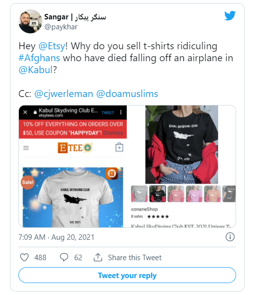 跨境电商“阿富汗人坠机”画面做成T恤售卖，Etsy饱受谴责下架产品！