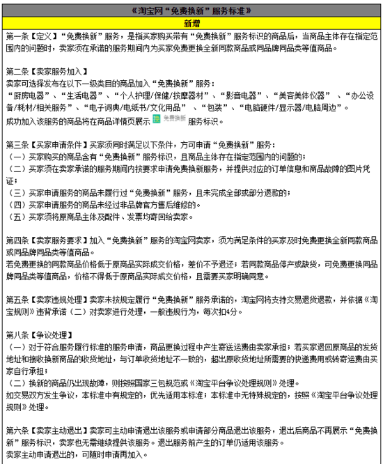 跨境资讯淘宝网新增“免费换新”标准 商家自主加入