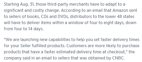 电商平台亚马逊下狠招：要求所有卖家送货提速40%