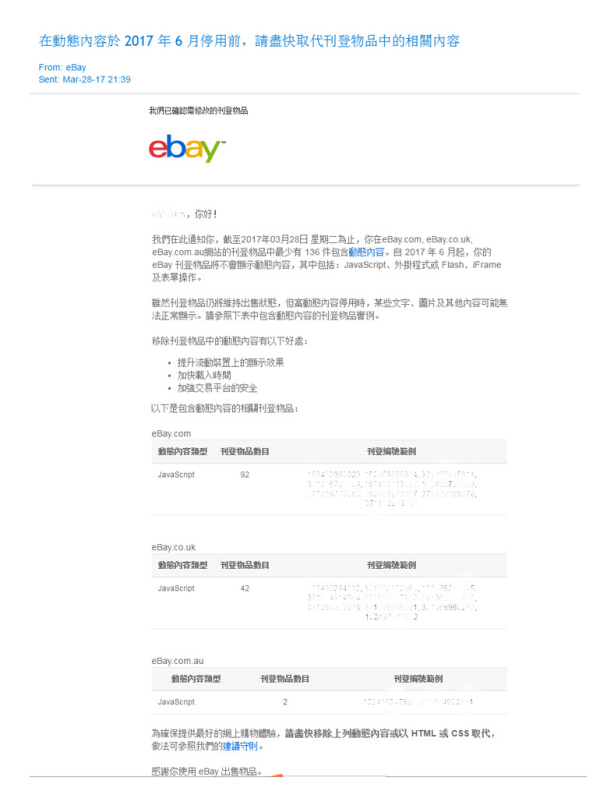 电商平台今年6月起，eBay将在全球站点停用物品描述中的动态内容