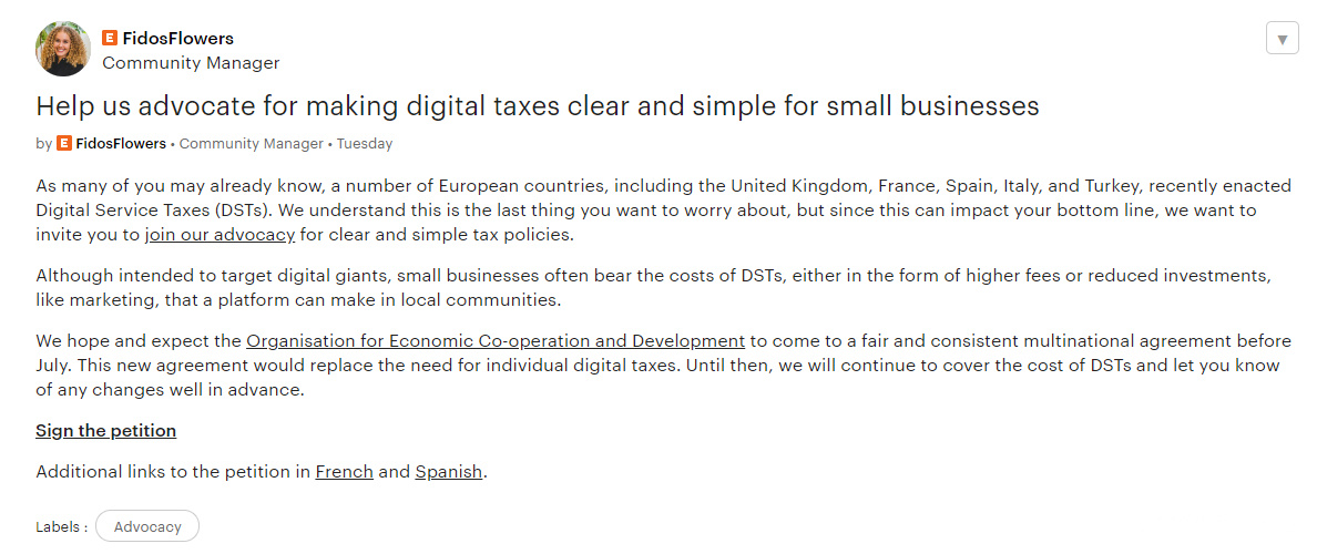 b2b反对欧洲数字服务税！Etsy敦促卖家签署请愿书