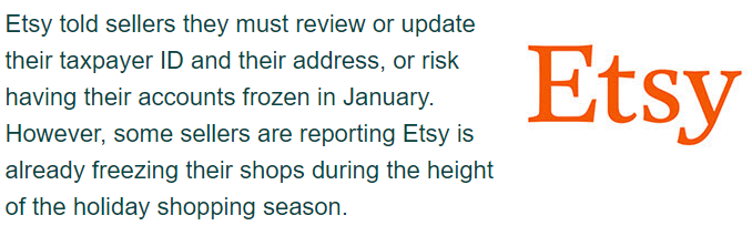E-commerce platform Etsy has frozen some seller accounts due to tax updates!