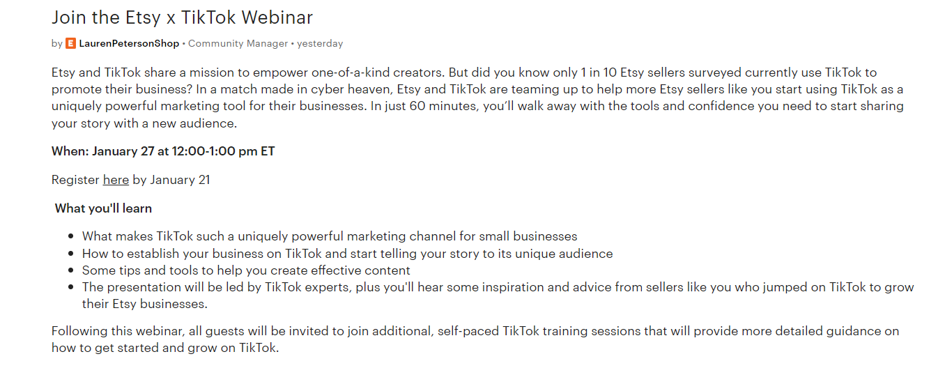 跨境电商平台Etsy与TikTok合作举办线上研讨会！帮助卖家建立广告活动！