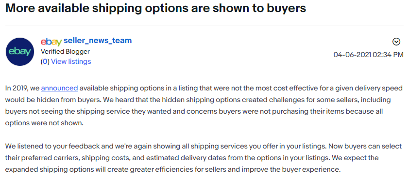 跨境出海新规速递：eBay将展示卖家listing提供的所有运输选项！