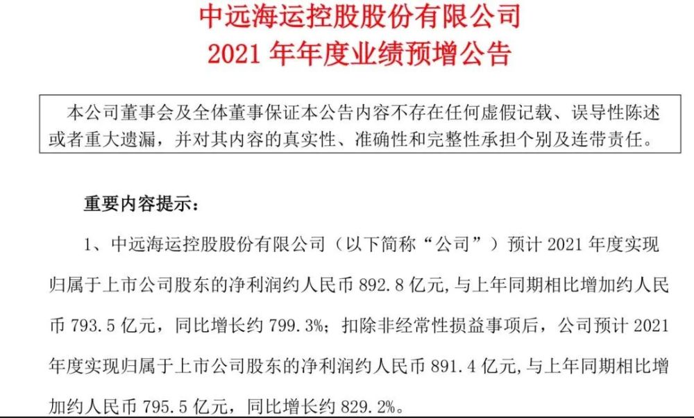 跨境资讯业绩飙涨8倍!中远海控一年赚893亿元，刷新历史记录!